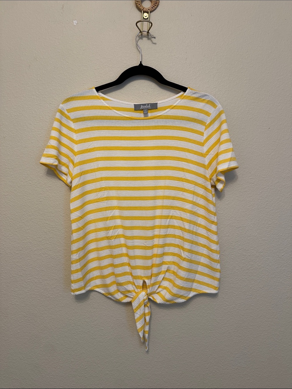 Marled Yellow & White Striped Tie-Front Short Sleeve Top